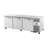 Stainless steel True Refrigeration deep undercounter refrigerator with three doors and vents