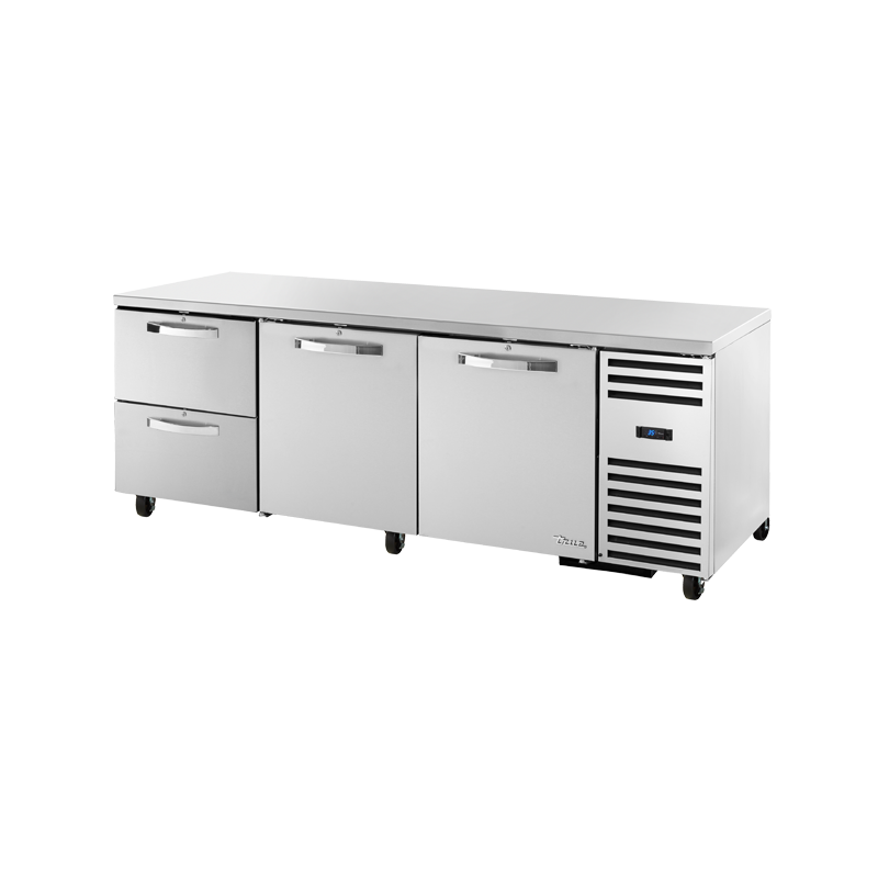 Stainless steel True Refrigeration deep undercounter refrigerator with multiple drawers and doors