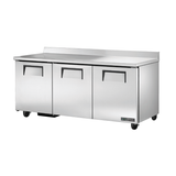 Stainless steel True Refrigeration TWT-72-HC worktop refrigerator with three doors on wheels