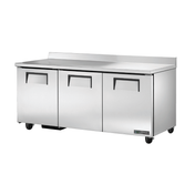 Stainless steel True Refrigeration TWT-72-HC worktop refrigerator with three doors on wheels