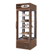 Glass display case in True Refrigeration G4SM-23PT-HC~TSL01 showcasing desserts with glass doors
