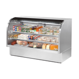 Curved glass deli case by True Refrigeration showcasing assorted food items on multiple shelves