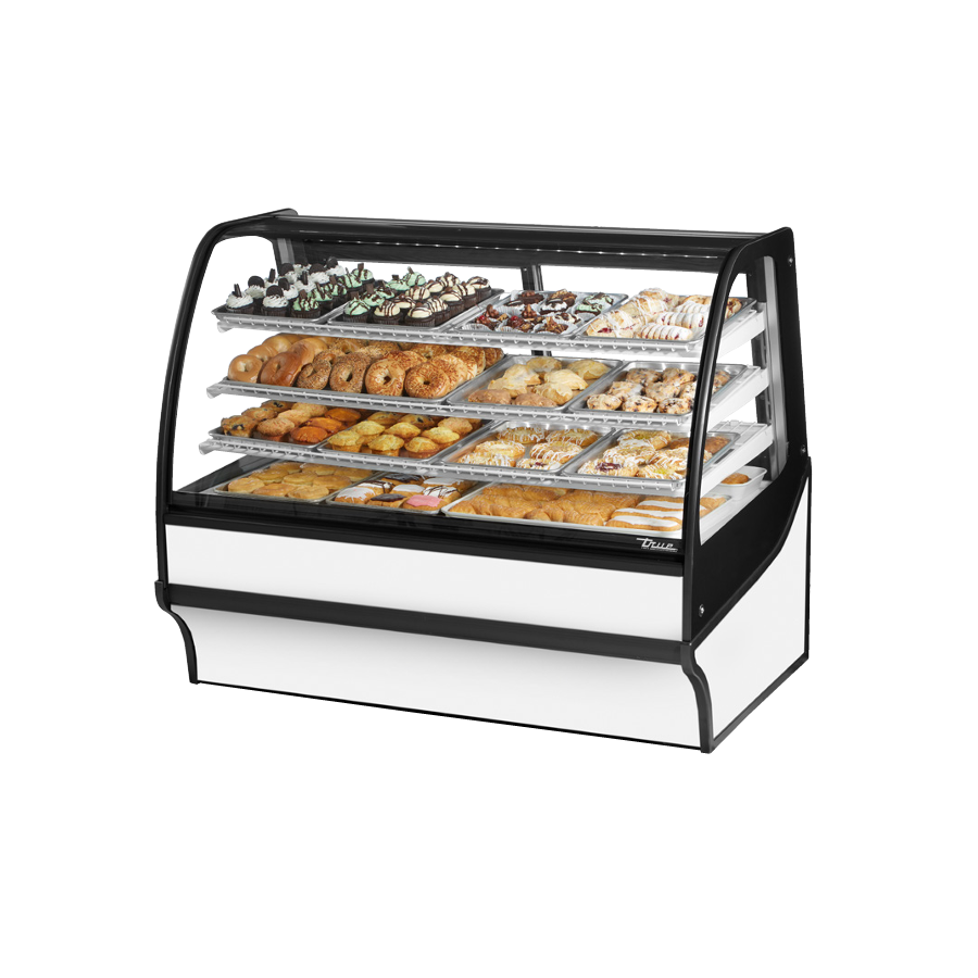 Curved glass display merchandiser in white powder coated finish showcasing baked goods