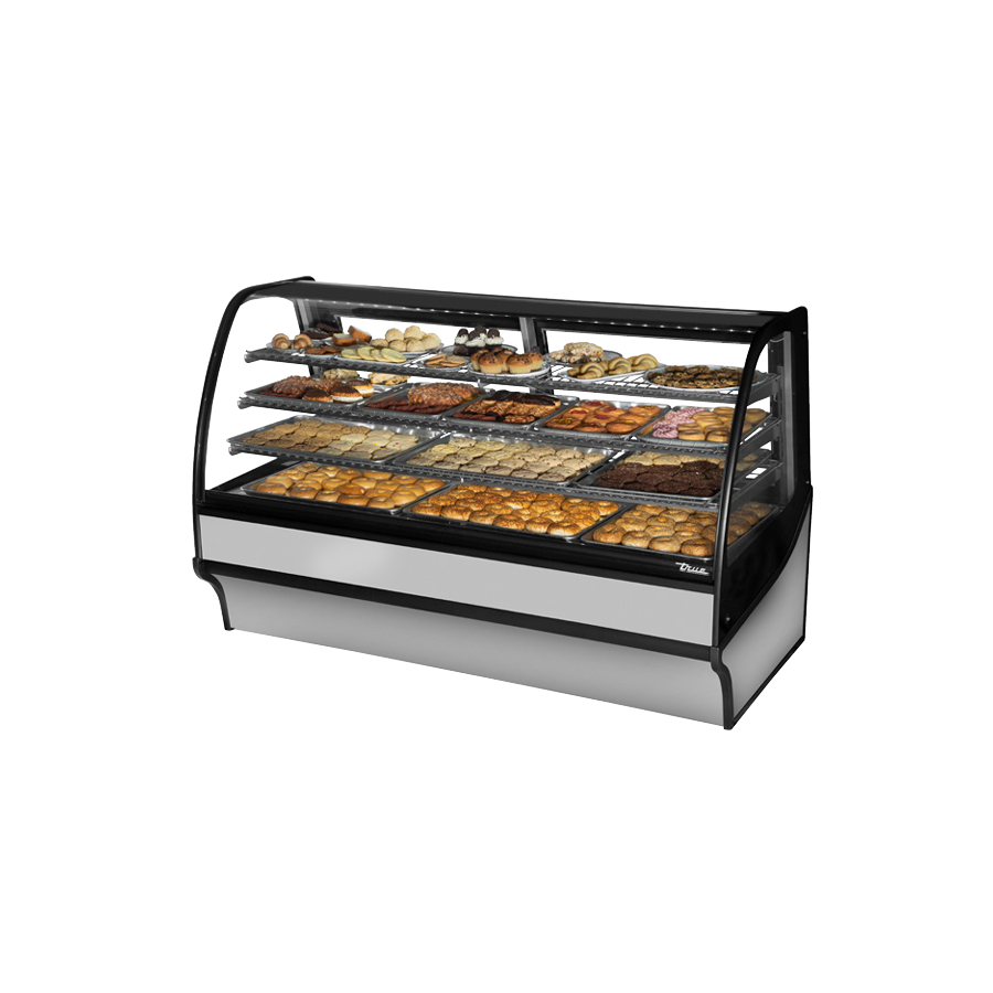 Curved glass display merchandiser TDM-DC-77-GE/GE-S-W showcasing delightful pastries