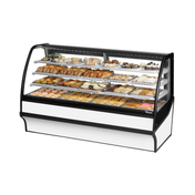 Curved glass display merchandiser TDM-DC-77-GE GE-W-W showcasing pastries in a white powder coated case