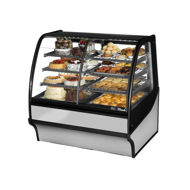 Curved glass display merchandiser with pastries in True Refrigeration Dual Zone model