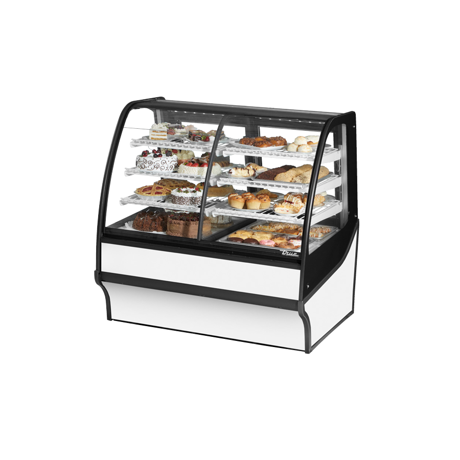 Curved glass display merchandiser with shelves for desserts in white powder coated finish