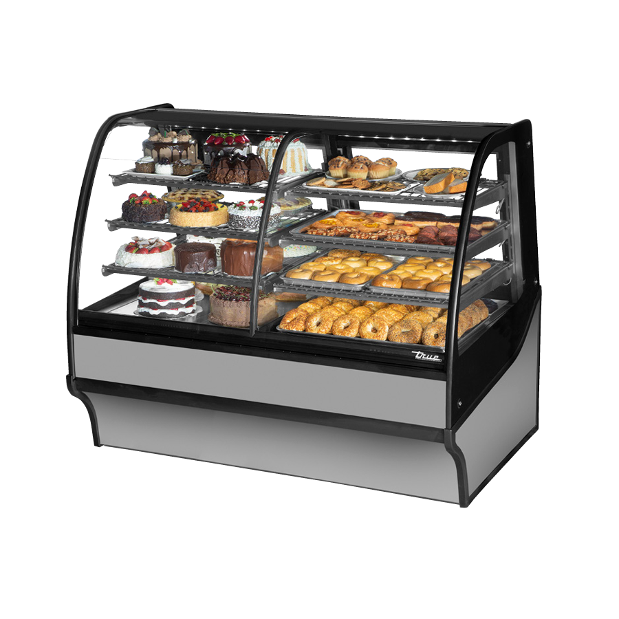 Curved glass bakery display case with pastries in True Refrigeration Dual Zone display merchandiser