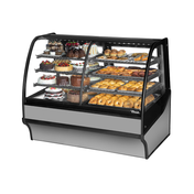 Curved glass display case showcasing pastries in the True Refrigeration TDM-DZ-59-GE/GE-S-W