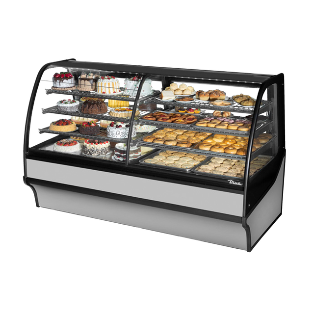 Curved glass display case filled with pastries in True Refrigeration TDM-DZ-77-GE/GE-S-S