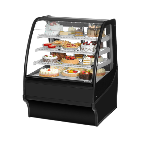 Curved glass display merchandiser TDM-R-36-GE/GE-B-W showcasing cakes and desserts