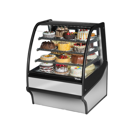 Refrigerated bakery display case featuring cakes in True Refrigeration TDM-R-36-GE/GE-S-S