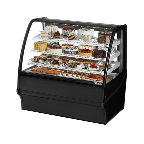 Curved-glass refrigerated bakery display case TDM-R-48-GE GE-B-W with cakes and desserts