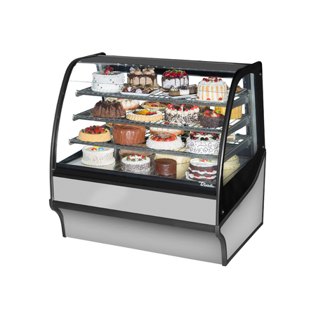 Curved glass display merchandiser TDM-R-48-GE/GE-S-W showcasing assorted cakes and desserts