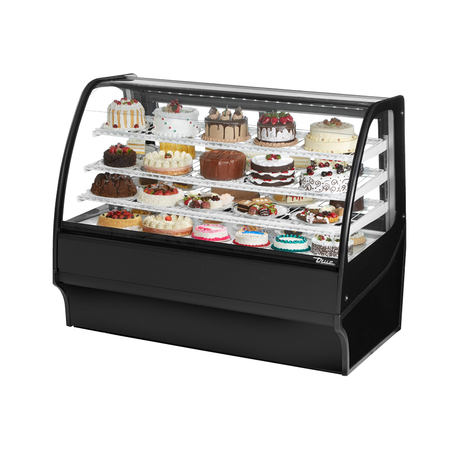 Refrigerated bakery display case featuring various cakes in True Refrigeration TDM-R-59-GE/GE-B-W