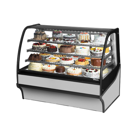 Curved glass display merchandiser with cakes in True Refrigeration TDM-R-59-GE/GE-S-S