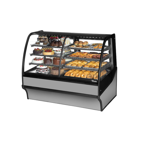 Curved glass bakery display case showing pastries in True Refrigeration TDM-R-59-GE/GE-S-W