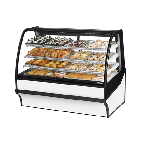 Curved glass bakery display case filled with pastries in White Powder Coated True Display Merchandiser