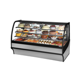 Curved glass display merchandiser filled with desserts in True Refrigeration TDM-R-77-GE/GE-S-S