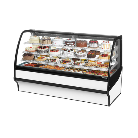 Curved-glass display merchandiser by True Refrigeration filled with desserts in white powder finish