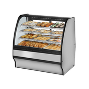 Curved-glass bakery display case showcasing pastries in True Refrigeration TGM-DC-48-SC/SC-S-W