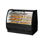 Black True Refrigeration TGM-DC-59-SC/SC-B-W glass merchandiser displaying assorted pastries