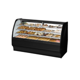 Curved-glass bakery display case showcasing pastries in True Refrigeration TGM-DC-77-SC/SC-B-W