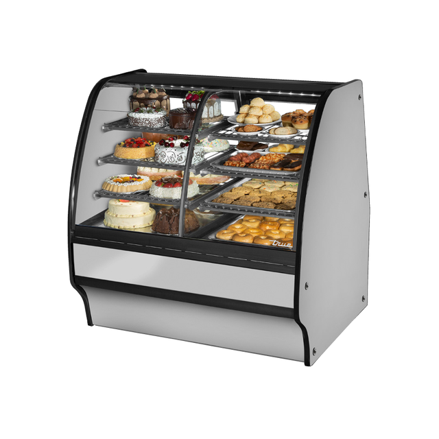 Curved glass refrigerated display case in True Refrigeration Dual Zone Glass Merchandiser