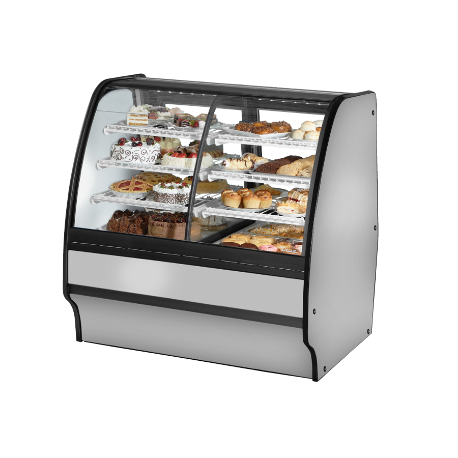 Curved glass refrigerated display case showcasing pastries in True Refrigeration Dual Zone merchandiser