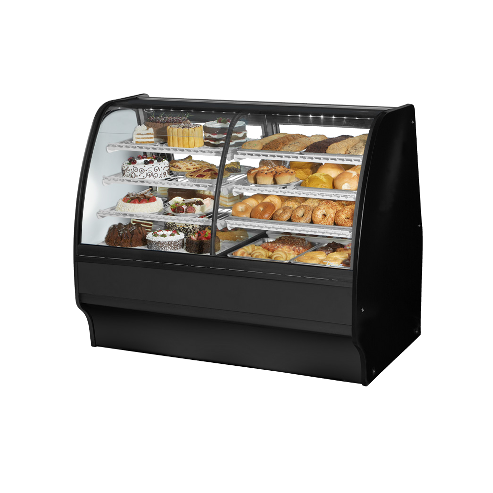 Curved-glass bakery display case in True Refrigeration Dual Zone glass merchandiser