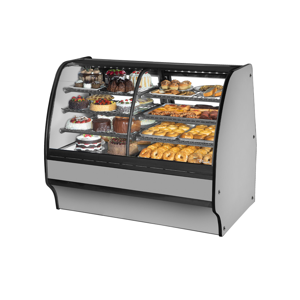 Curved glass refrigerated display case in True Refrigeration Dual Zone Glass Merchandiser