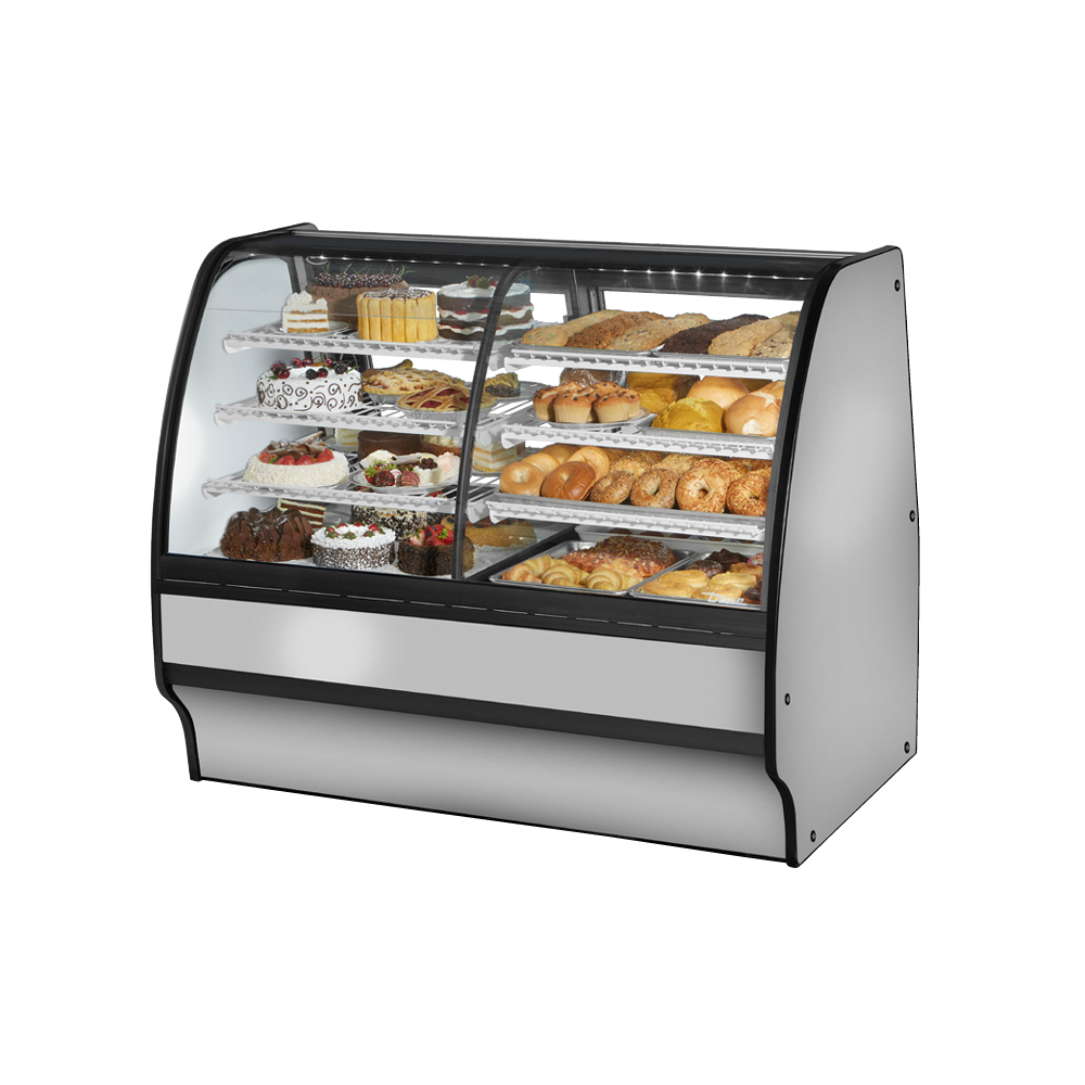 Curved-glass refrigerated display case with desserts in True Refrigeration TGM-DZ-59-SC/SC-S-W glass merchandiser