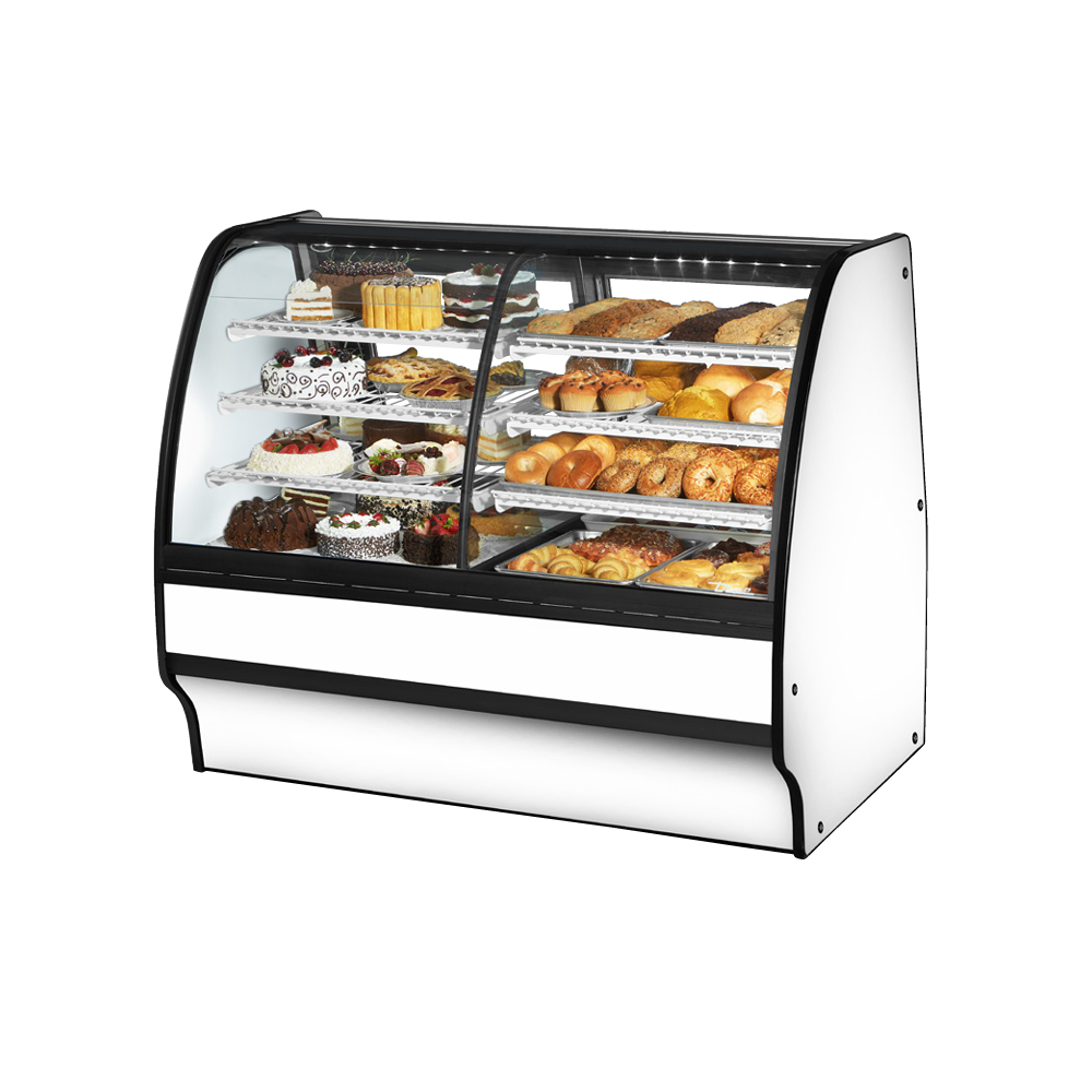 Curved glass bakery display case with pastries in True Refrigeration dual zone glass merchandiser