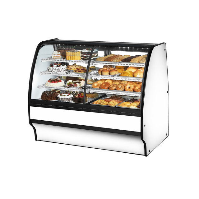 Curved glass bakery display case with pastries in True Refrigeration dual zone glass merchandiser