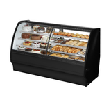 Commercial bakery display case with pastries in True Refrigeration TGM-DZ-77-SC/SC-B-W glass merchandiser