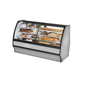 Curved glass refrigerated bakery display case in True Refrigeration dual zone glass merchandiser