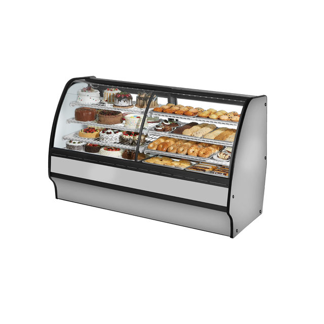 Curved glass refrigerated bakery display case in True Refrigeration dual zone glass merchandiser