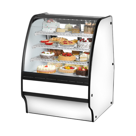 Curved glass refrigerated display case filled with desserts in True Refrigeration Glass Merchandiser