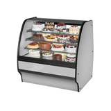 Curved glass refrigerated display case showcasing desserts in True Refrigeration TGM-R-48-SC/SC-S-S