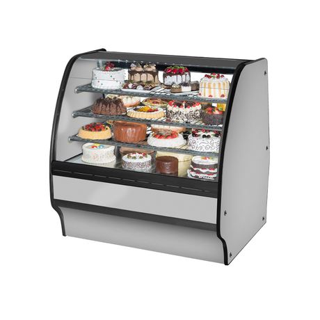 Curved glass refrigerated display case showcasing desserts in True Refrigeration TGM-R-48-SC/SC-S-S