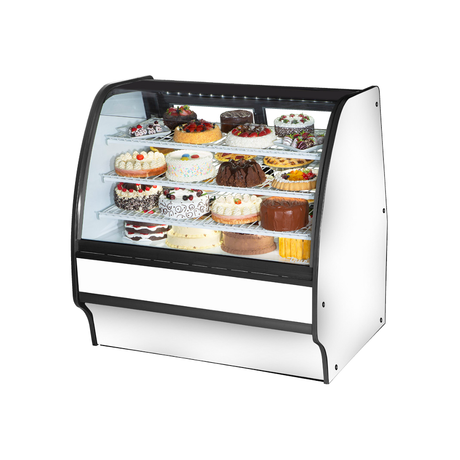 Curved glass refrigerated display case in True Refrigeration Glass Merchandiser with desserts