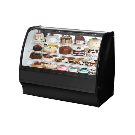 Curved-glass refrigerated bakery display case featuring desserts in True Refrigeration TGM-R-59-SC/SC-B-W