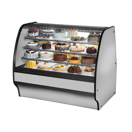 Curved glass refrigerated display case showcasing cakes in True Refrigeration TGM-R-59-SC/SC-S-S