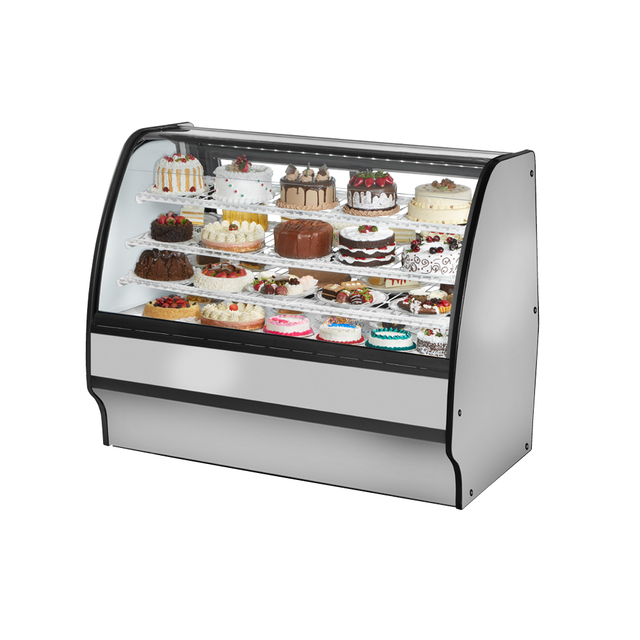 Curved-glass refrigerated bakery display case showcasing desserts in True Refrigeration TGM-R-59-SC/SC-S-W