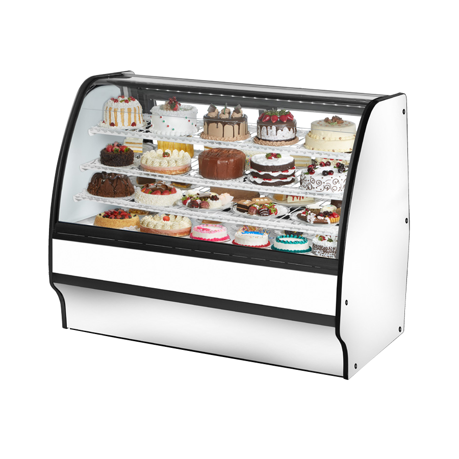 Curved-glass bakery display case in True Refrigeration TGM-R-59-SC/SC-W showcasing desserts