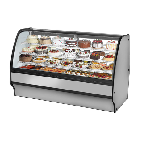 Curved-glass refrigerated display case showcasing desserts in True Refrigeration TGM-R-77-SC/SC-S-W