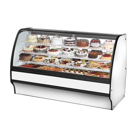 Curved-glass refrigerated bakery display case in True Refrigeration White Powdered Glass Merchandiser