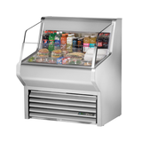 Stainless steel air curtain merchandiser with angled glass front and shelves, True Refrigeration
