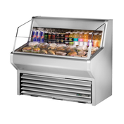 Stainless steel refrigerated deli display case featuring a slanted glass front of True Refrigeration THAC-48-S-HC-LD Horizontal Air Curtain Merchandiser