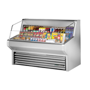 Stainless steel refrigerated display case showcasing food and beverages in a Horizontal Air Curtain